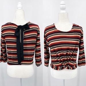 Haute Monde Striped Sweater with Gold Flecks and Elegant Neck Tie Medium.